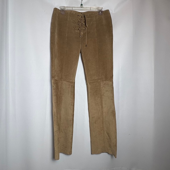Moda International Pants - Moda International Tan Suede Leather Lace Up Pants Womens 6 Flare Y2K Western